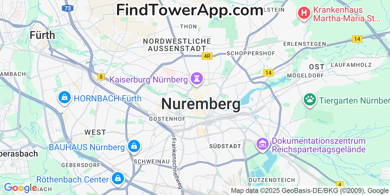 Map showing the 0 primary Vodafone cell tower locations detected in Nuremberg, Germany with coverage radius and signal strength indicators
