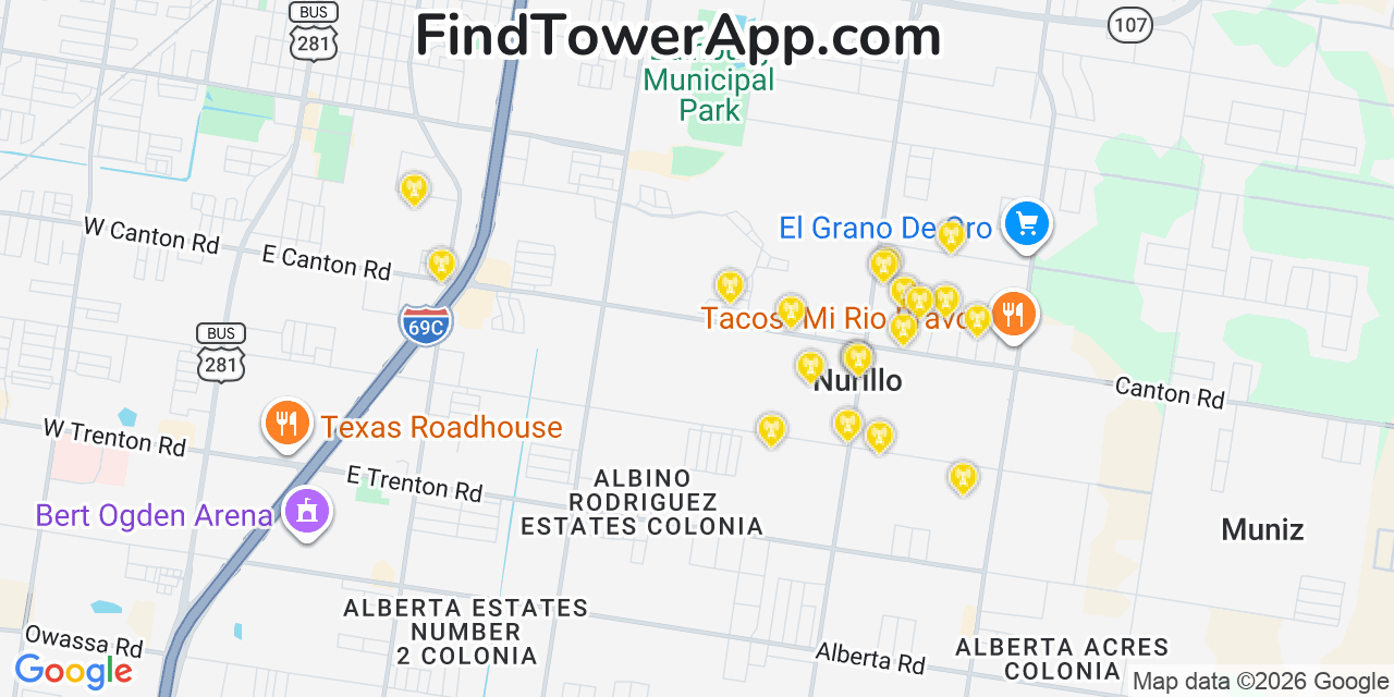 Map showing the 20 primary cell tower locations detected in Nurillo, Texas from AT&T, Verizon, and T-Mobile networks
