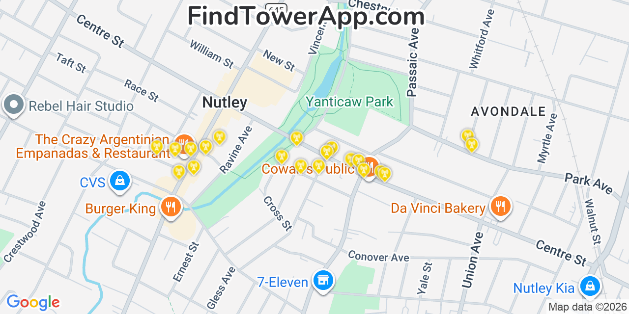 Map showing the 20 primary cell tower locations detected in Nutley, New Jersey from AT&T, Verizon, and T-Mobile networks