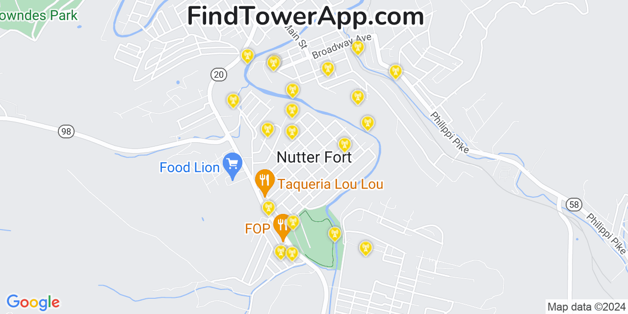 AT&T 4G/5G cell tower coverage map Nutter Fort, West Virginia