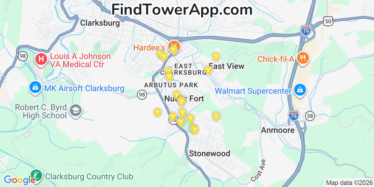 Map showing the 20 primary cell tower locations detected in Nutter Fort, West Virginia from AT&T, Verizon, and T-Mobile networks