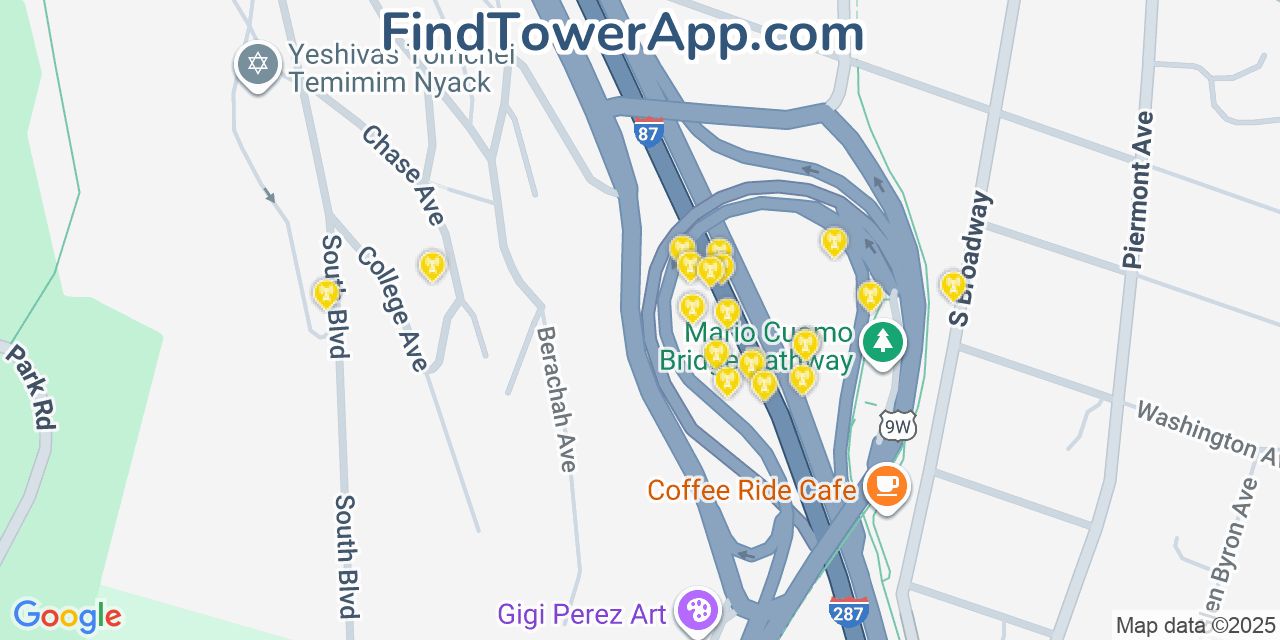 Map showing the 20 primary cell tower locations detected in Nyack, New York from AT&T, Verizon, and T-Mobile networks