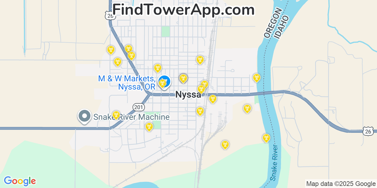 Map showing the 20 primary cell tower locations detected in Nyssa, Oregon from AT&T, Verizon, and T-Mobile networks