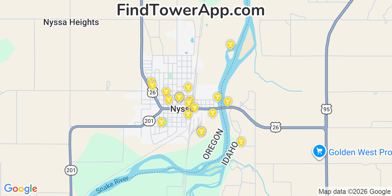 Map showing the 20 primary cell tower locations detected in Nyssa, Oregon from AT&T, Verizon, and T-Mobile networks