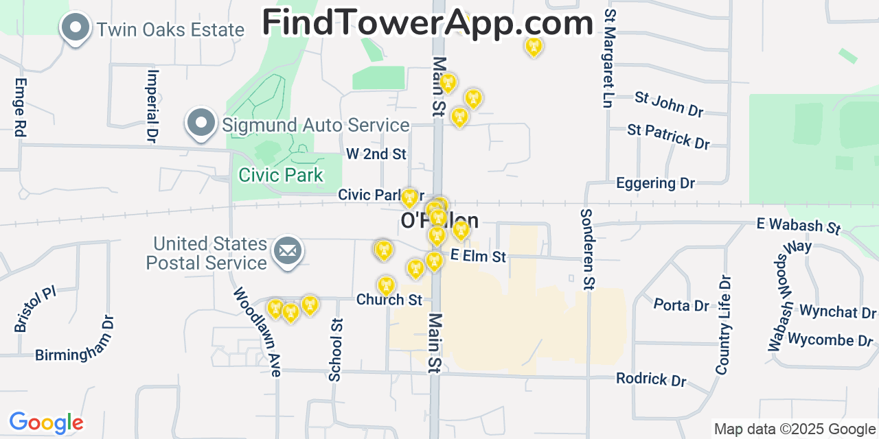 Map showing the 20 primary cell tower locations detected in OFallon, Missouri from AT&T, Verizon, and T-Mobile networks