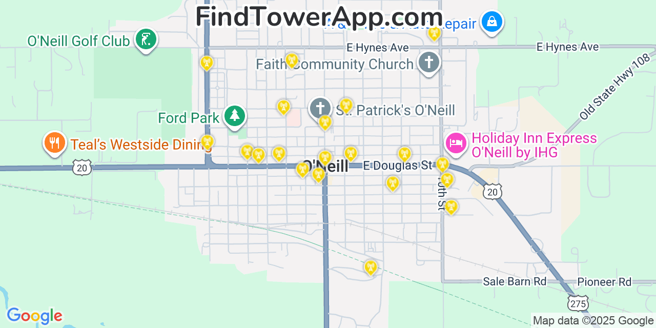 Map showing the 20 primary cell tower locations detected in ONeill, Nebraska from AT&T, Verizon, and T-Mobile networks