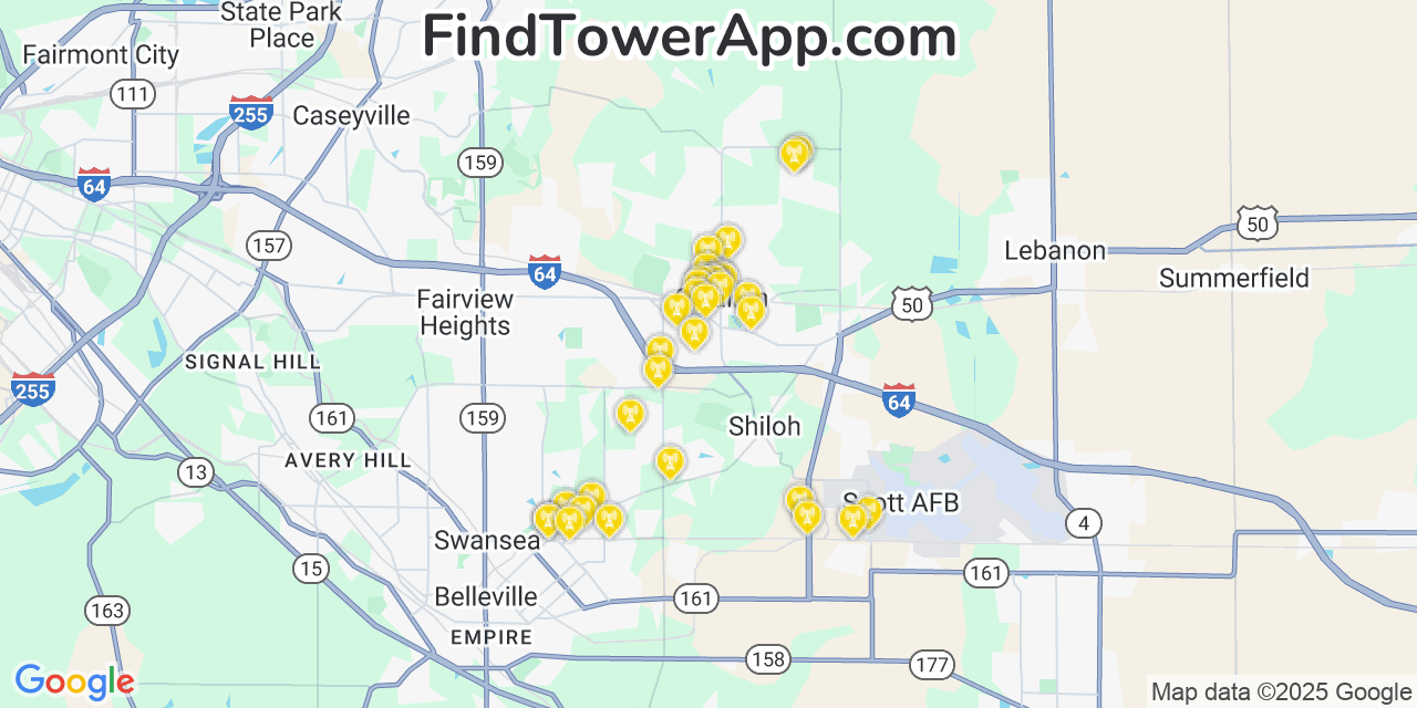 Map showing the 34 primary AT&T cell tower locations detected in O Fallon, Illinois with coverage radius and signal strength indicators