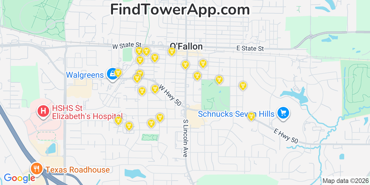 Map showing the 20 primary cell tower locations detected in O Fallon, Illinois from AT&T, Verizon, and T-Mobile networks
