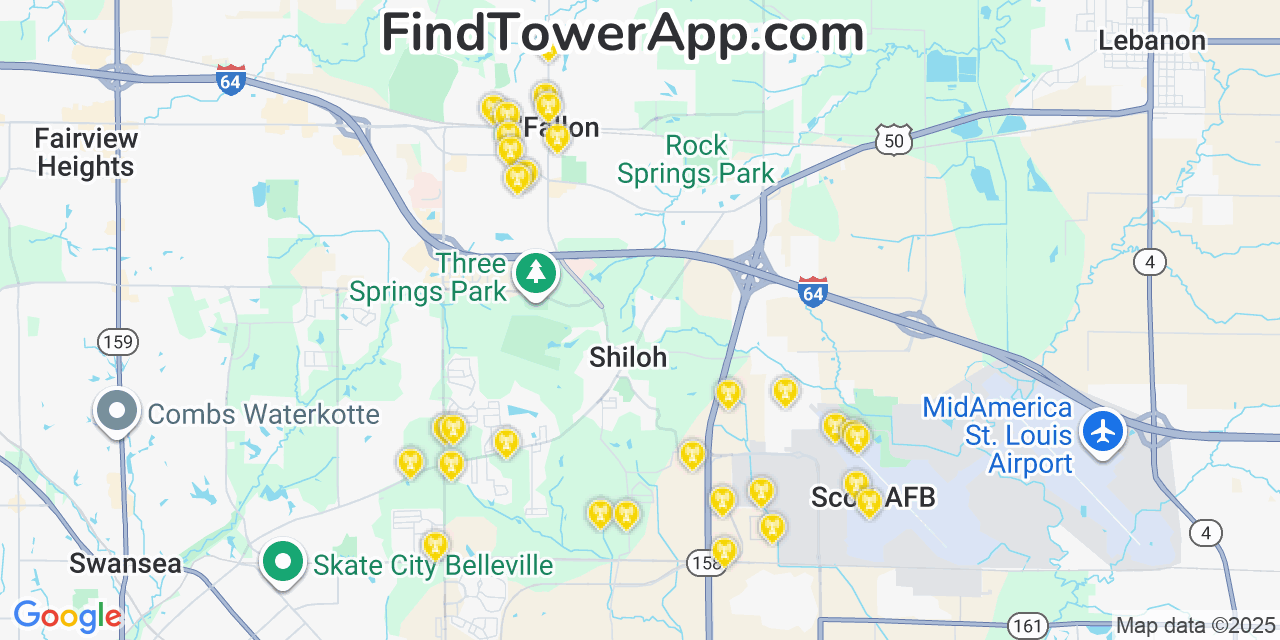 Map showing the 30 primary Verizon cell tower locations detected in O Fallon, Illinois with coverage radius and signal strength indicators