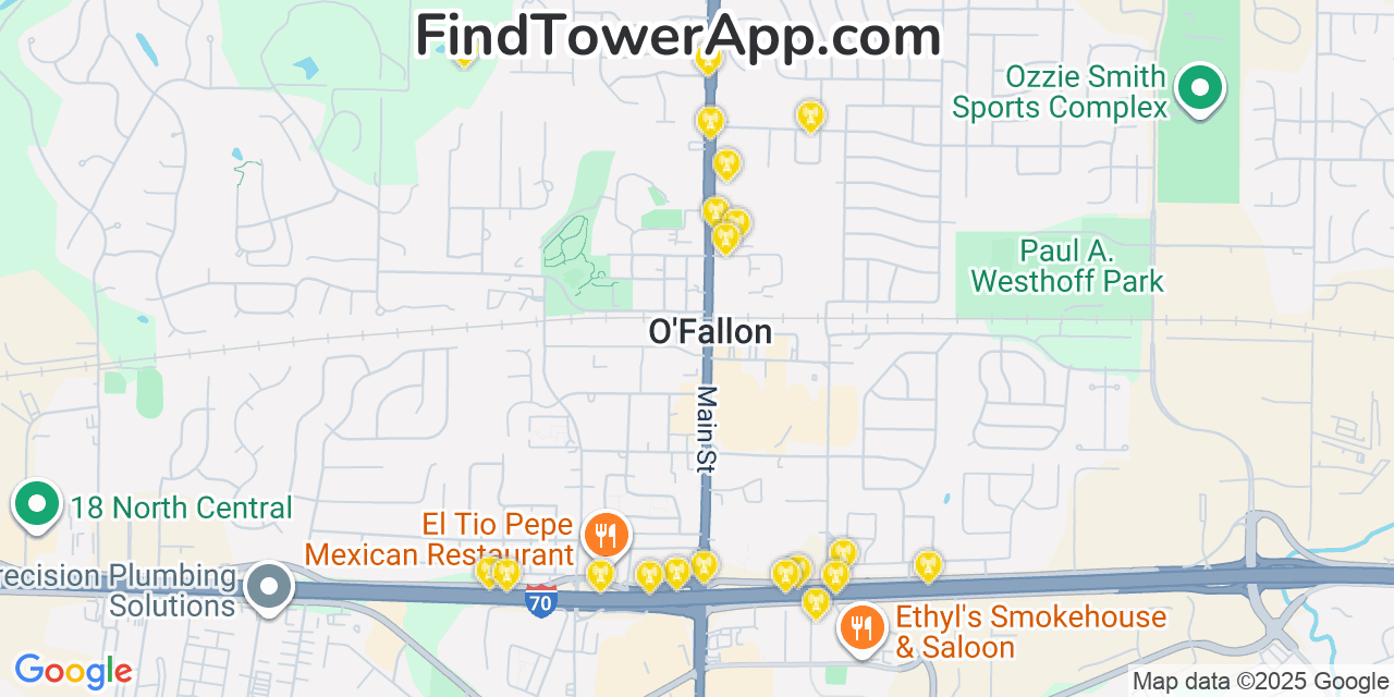 Map showing the 20 primary AT&T cell tower locations detected in O Fallon, Missouri with coverage radius and signal strength indicators