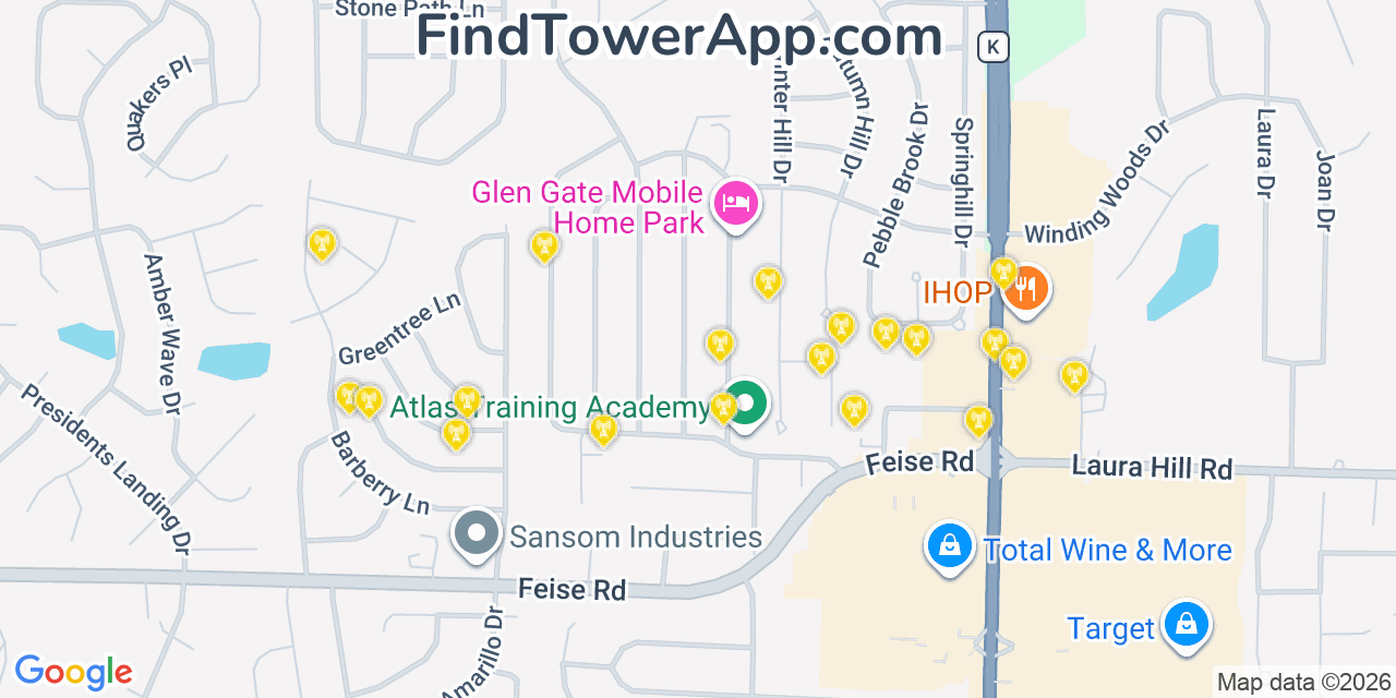 Map showing the 20 primary cell tower locations detected in O Fallon, Missouri from AT&T, Verizon, and T-Mobile networks
