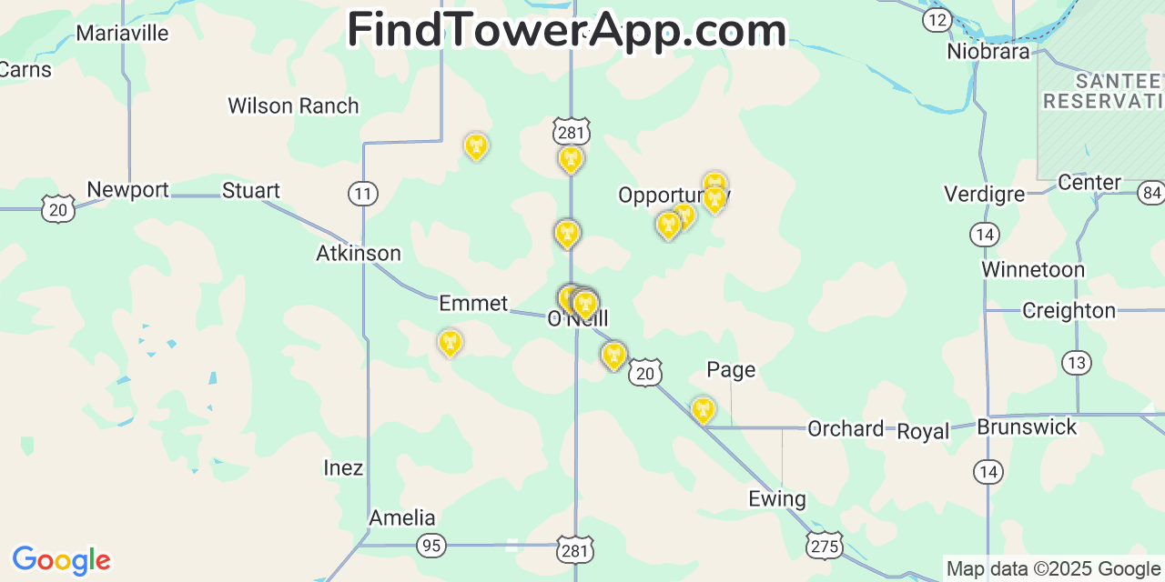 Map showing the 29 primary AT&T cell tower locations detected in O Neill, Nebraska with coverage radius and signal strength indicators
