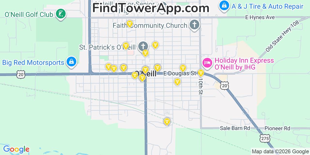 Map showing the 20 primary cell tower locations detected in O Neill, Nebraska from AT&T, Verizon, and T-Mobile networks
