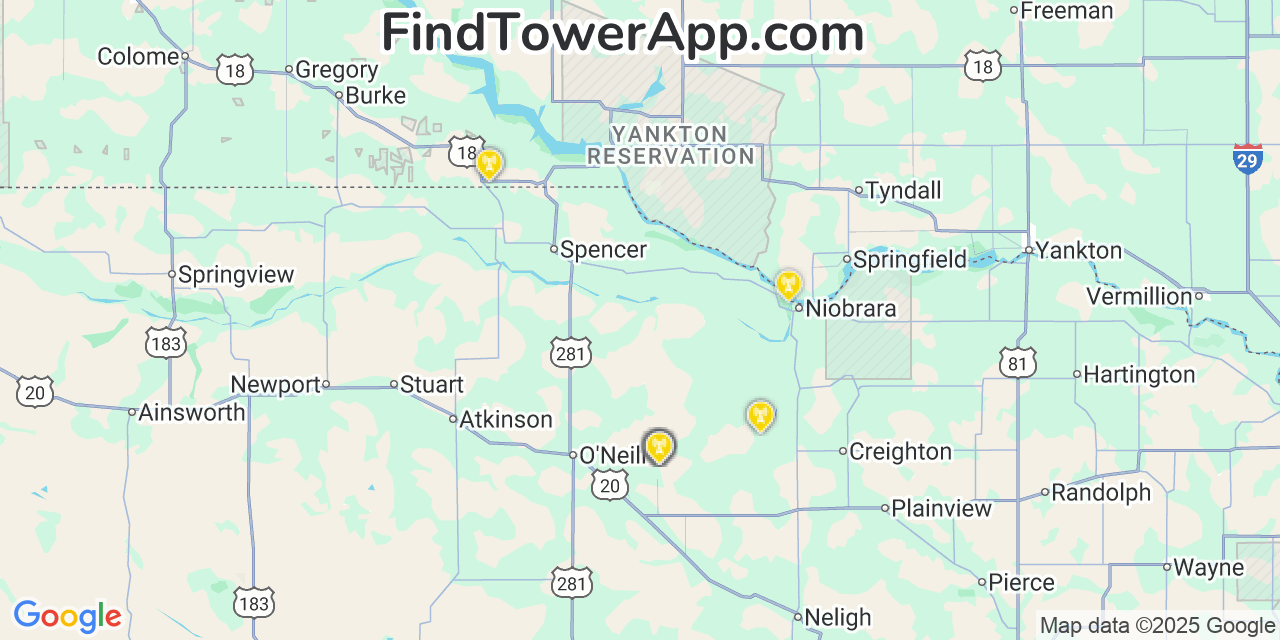 Map showing the 21 primary T-Mobile cell tower locations detected in O Neill, Nebraska with coverage radius and signal strength indicators