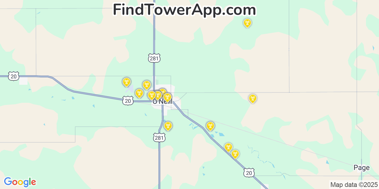 Map showing the 28 primary Verizon cell tower locations detected in O Neill, Nebraska with coverage radius and signal strength indicators