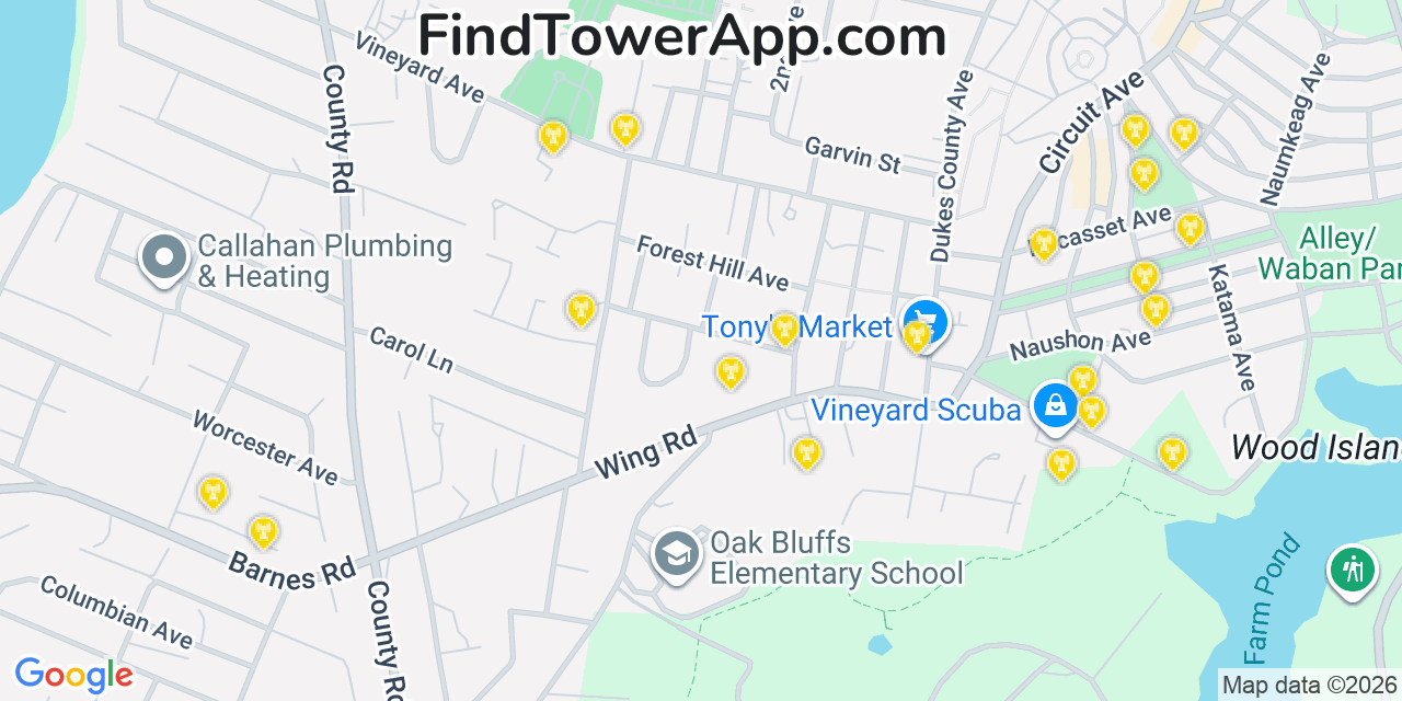 Map showing the 20 primary cell tower locations detected in Oak Bluffs, Massachusetts from AT&T, Verizon, and T-Mobile networks