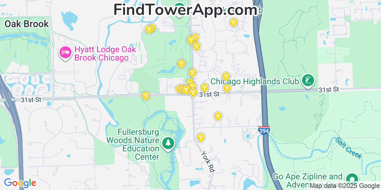 Map showing the 20 primary cell tower locations detected in Oak Brook, Illinois from AT&T, Verizon, and T-Mobile networks