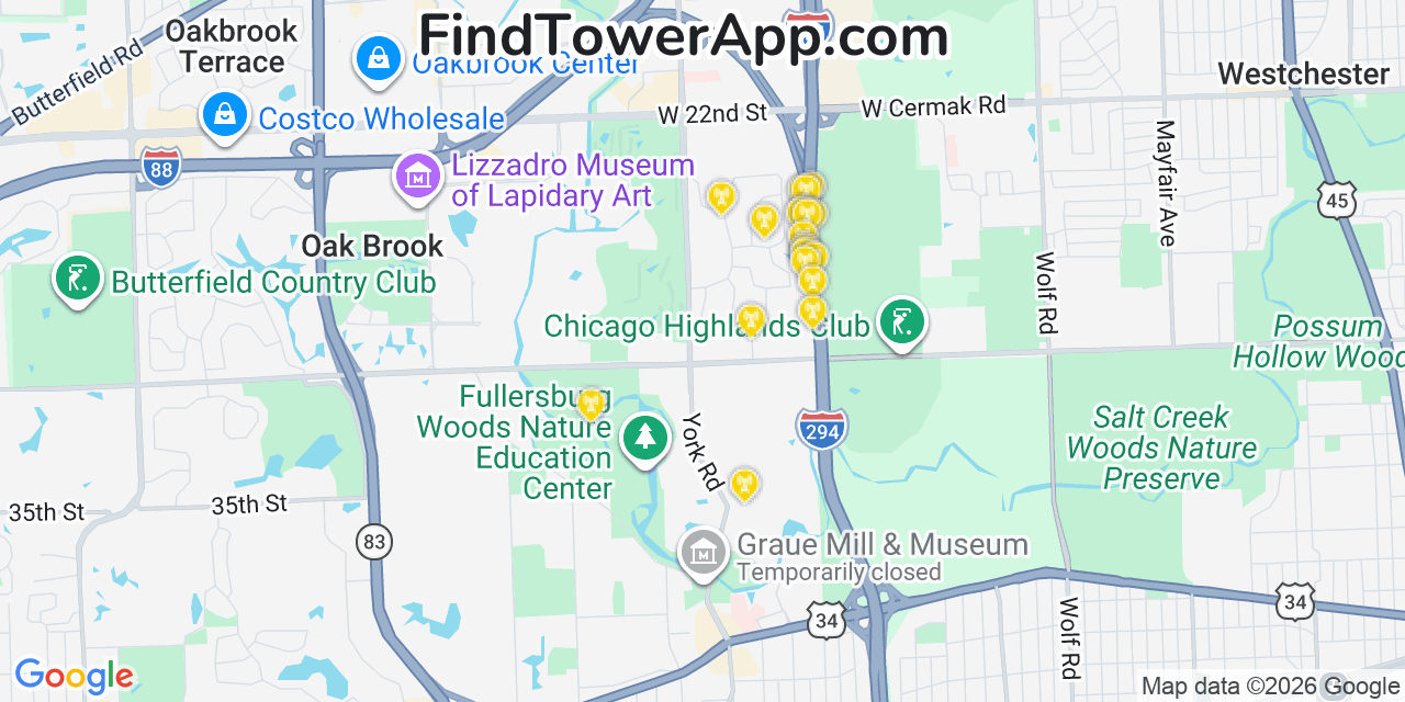 Map showing the 20 primary cell tower locations detected in Oak Brook, Illinois from AT&T, Verizon, and T-Mobile networks