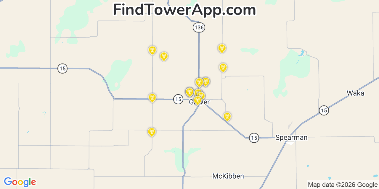 Map showing the 20 primary cell tower locations detected in Oak Cliff Place, Texas from AT&T, Verizon, and T-Mobile networks