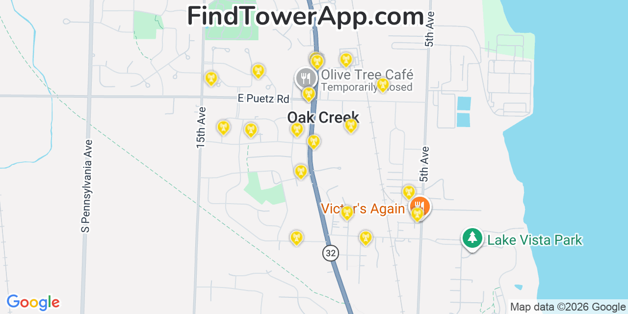 Map showing the 20 primary cell tower locations detected in Oak Creek, Wisconsin from AT&T, Verizon, and T-Mobile networks
