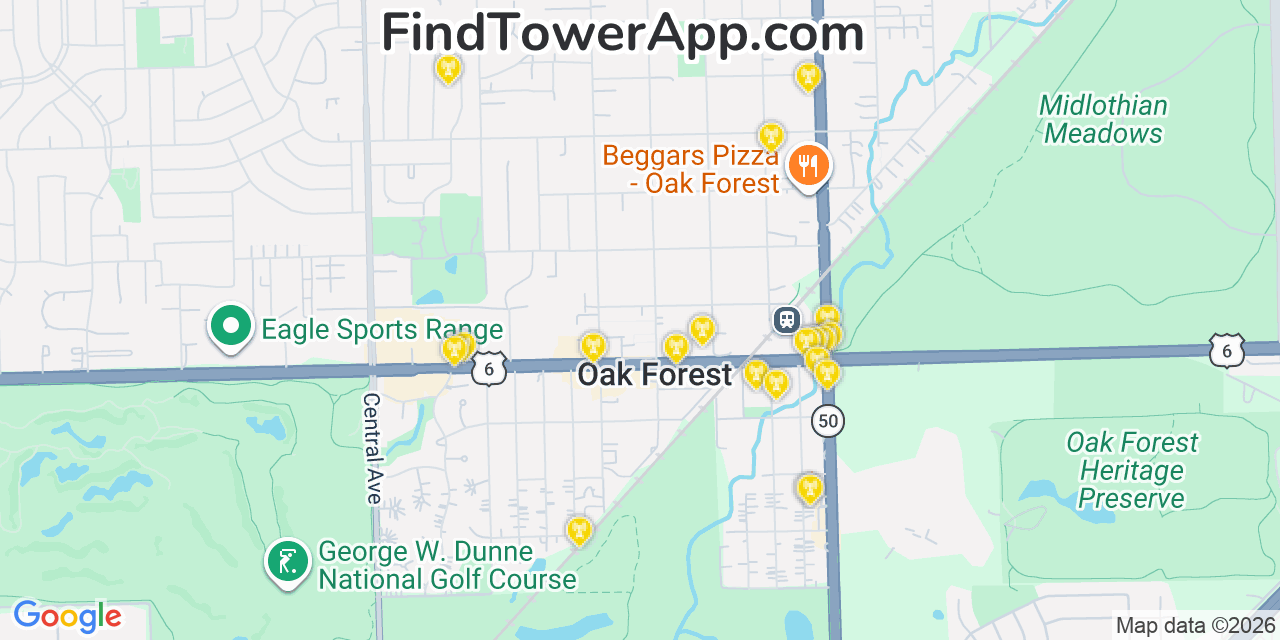 Map showing the 20 primary cell tower locations detected in Oak Forest, Illinois from AT&T, Verizon, and T-Mobile networks