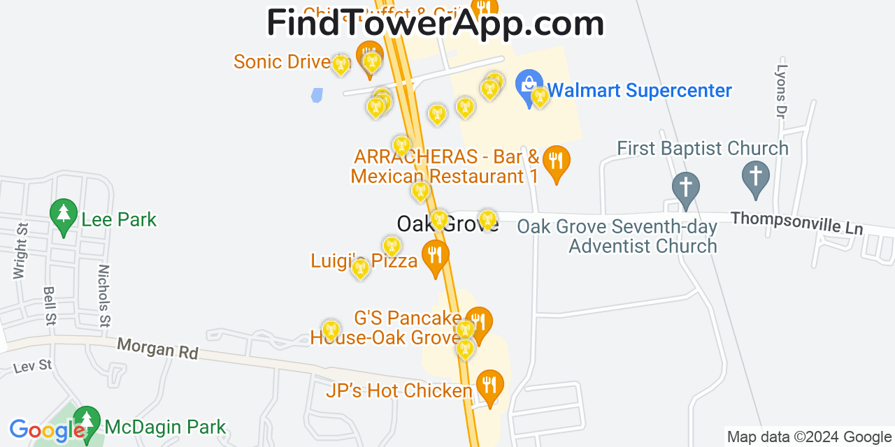 AT&T 4G/5G cell tower coverage map Oak Grove, Kentucky