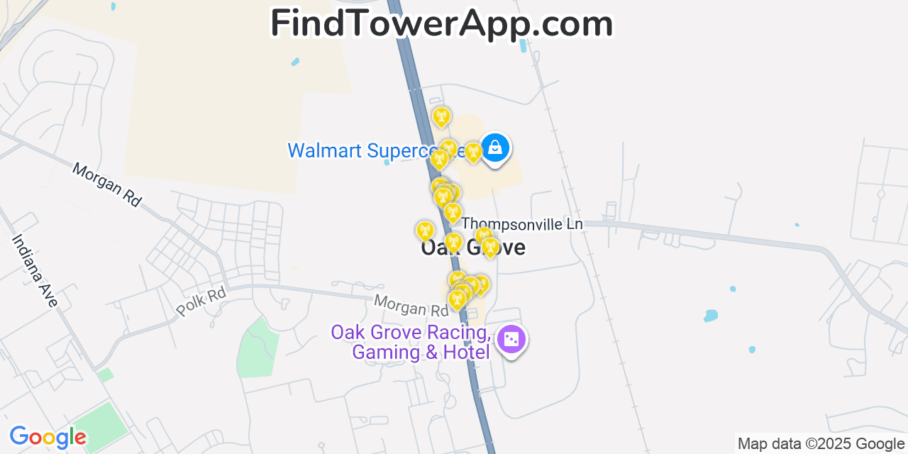 Map showing the 20 primary cell tower locations detected in Oak Grove, Kentucky from AT&T, Verizon, and T-Mobile networks