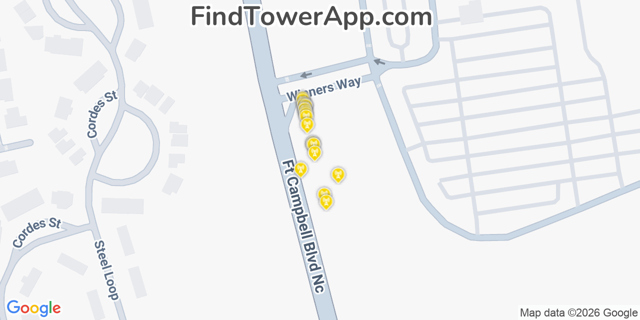 Map showing the 20 primary cell tower locations detected in Oak Grove, Kentucky from AT&T, Verizon, and T-Mobile networks