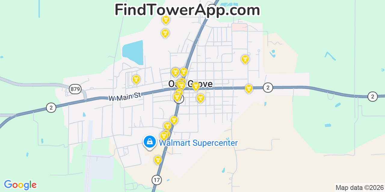 Map showing the 20 primary cell tower locations detected in Oak Grove, Louisiana from AT&T, Verizon, and T-Mobile networks