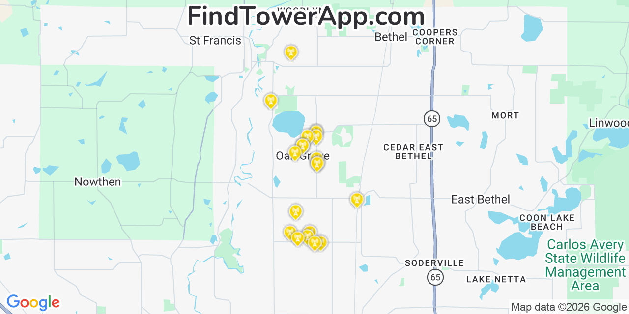 Map showing the 20 primary cell tower locations detected in Oak Grove, Minnesota from AT&T, Verizon, and T-Mobile networks
