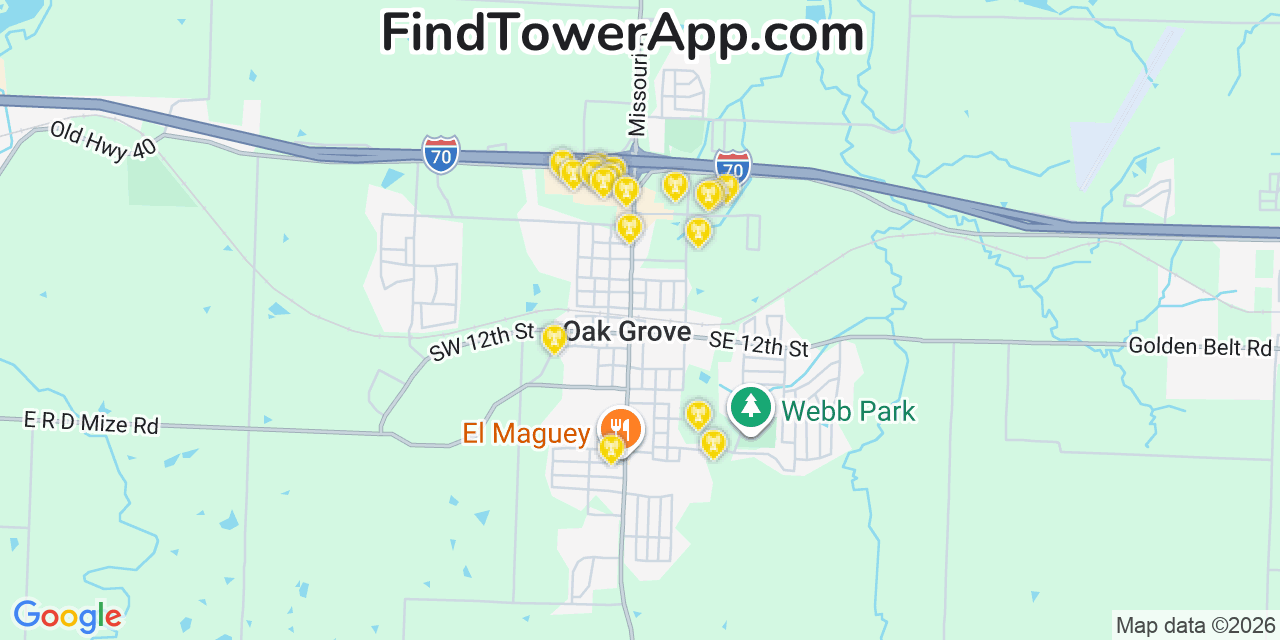 Map showing the 20 primary cell tower locations detected in Oak Grove, Missouri from AT&T, Verizon, and T-Mobile networks