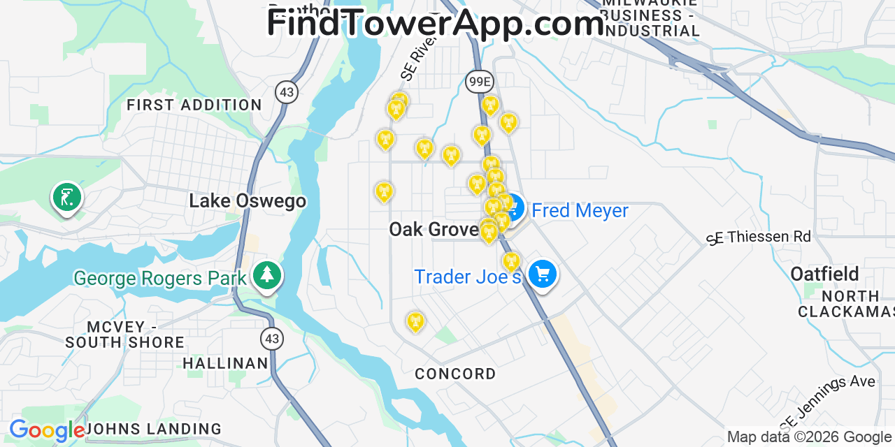 Map showing the 20 primary cell tower locations detected in Oak Grove, Oregon from AT&T, Verizon, and T-Mobile networks