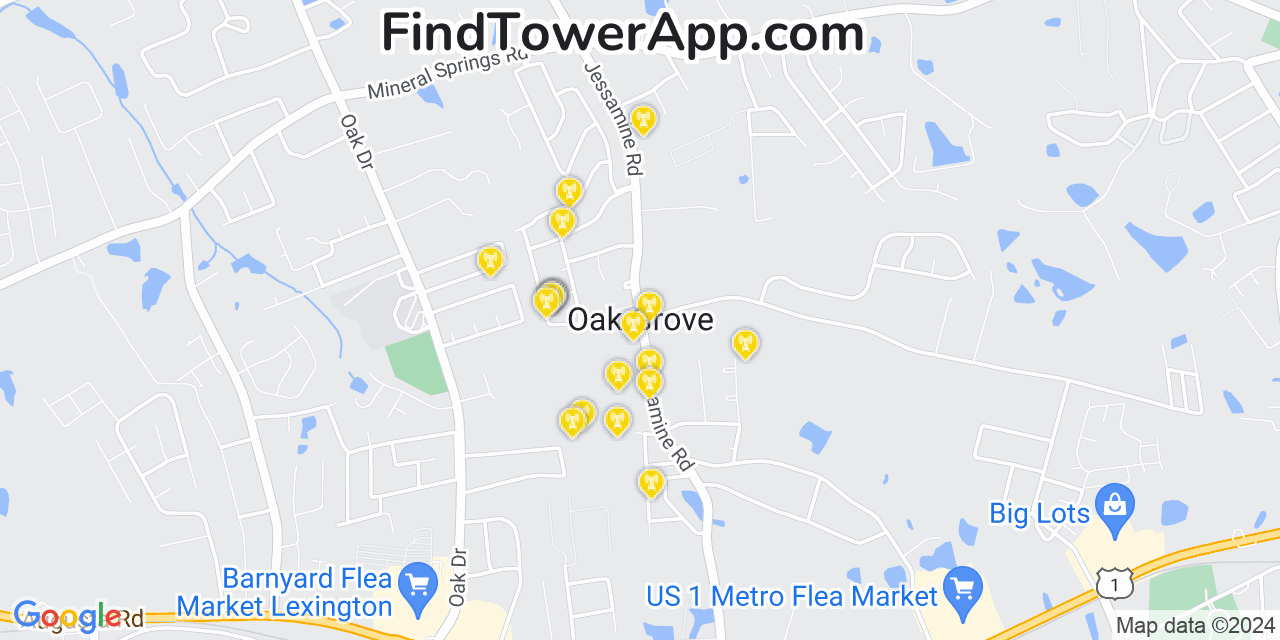 AT&T 4G/5G cell tower coverage map Oak Grove, South Carolina