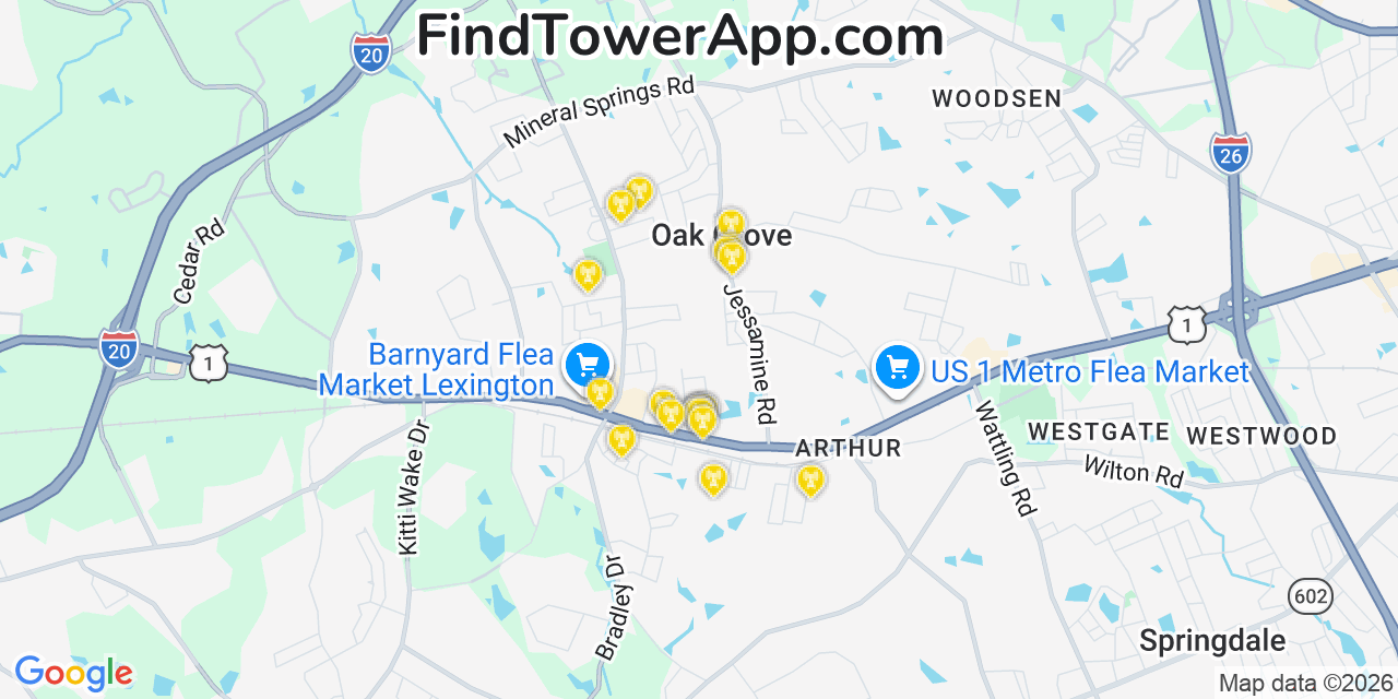 Map showing the 20 primary cell tower locations detected in Oak Grove, South Carolina from AT&T, Verizon, and T-Mobile networks