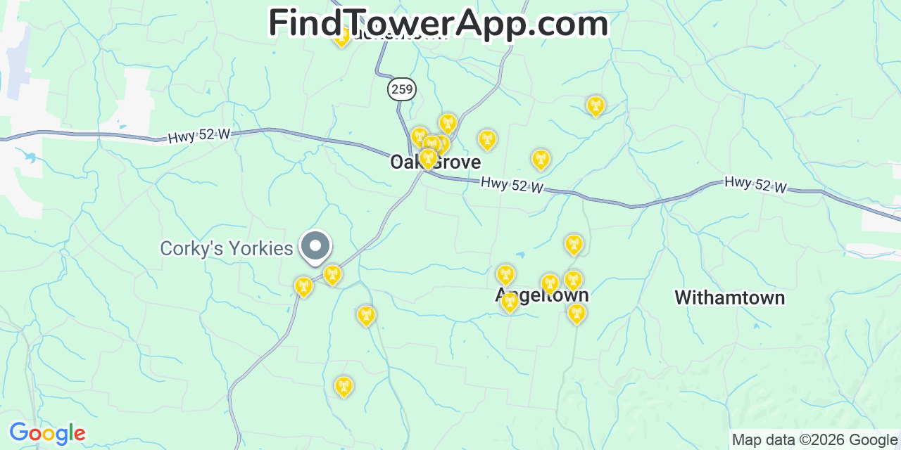 Map showing the 20 primary cell tower locations detected in Oak Grove, Tennessee from AT&T, Verizon, and T-Mobile networks
