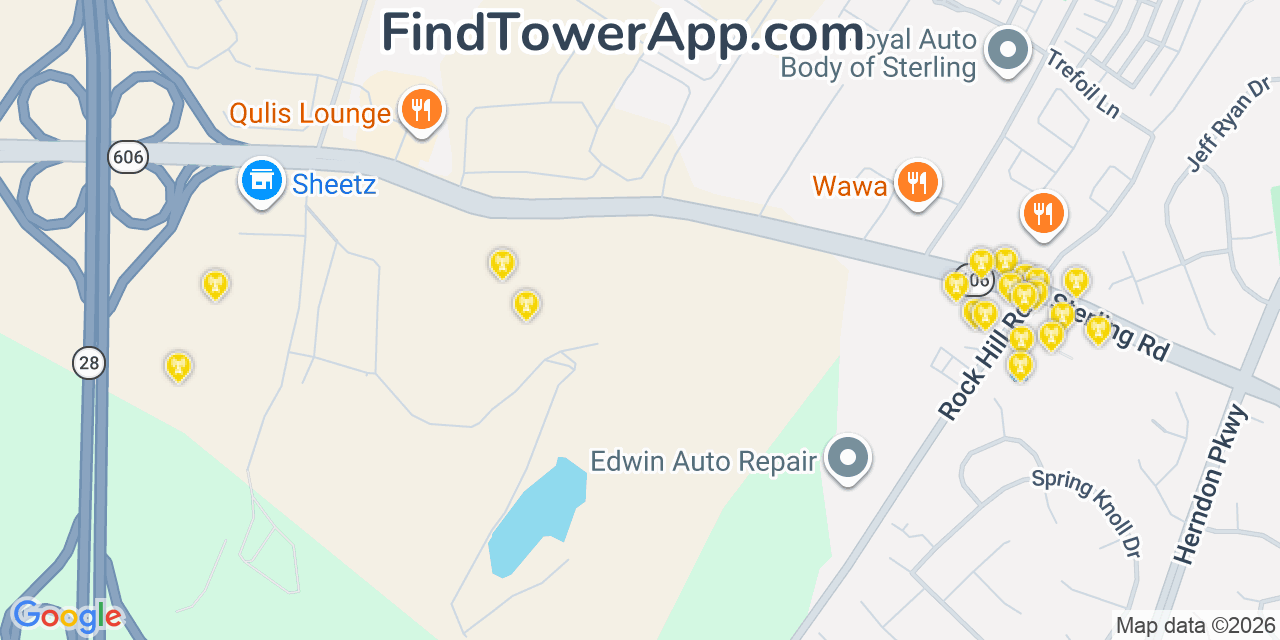 Map showing the 20 primary cell tower locations detected in Oak Grove, Virginia from AT&T, Verizon, and T-Mobile networks