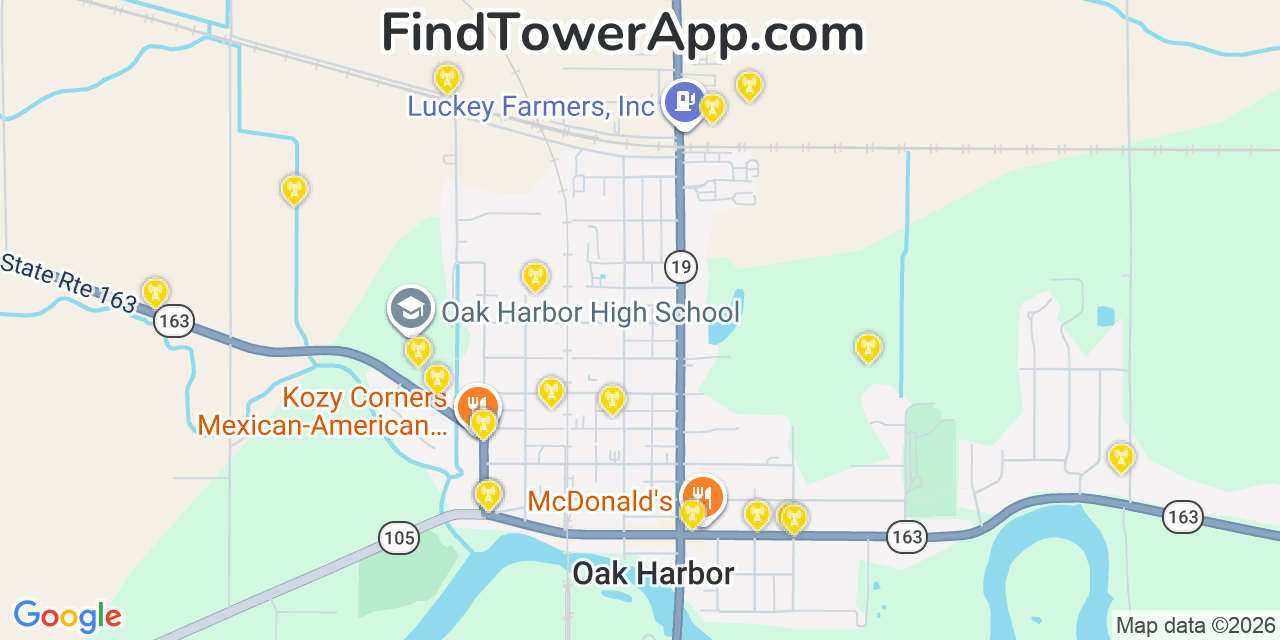 Map showing the 20 primary cell tower locations detected in Oak Harbor, Ohio from AT&T, Verizon, and T-Mobile networks