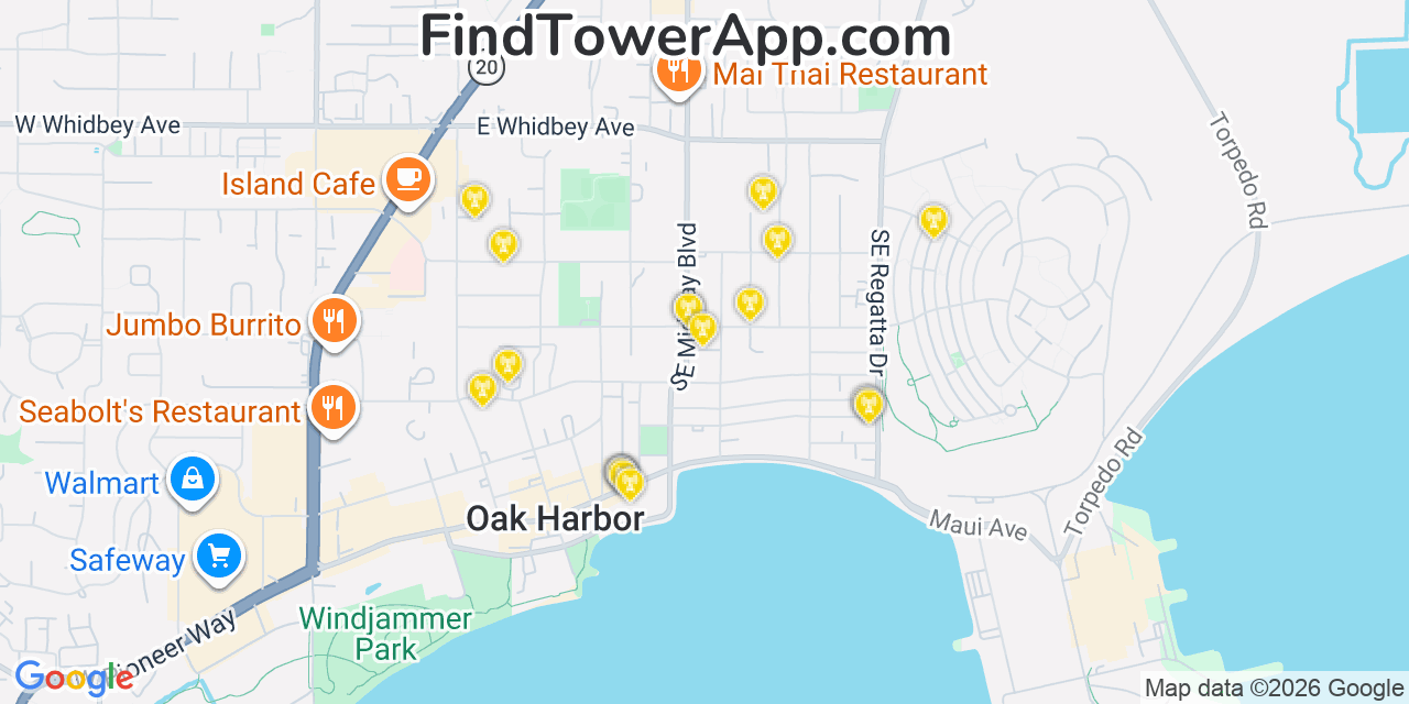 Map showing the 20 primary cell tower locations detected in Oak Harbor, Washington from AT&T, Verizon, and T-Mobile networks