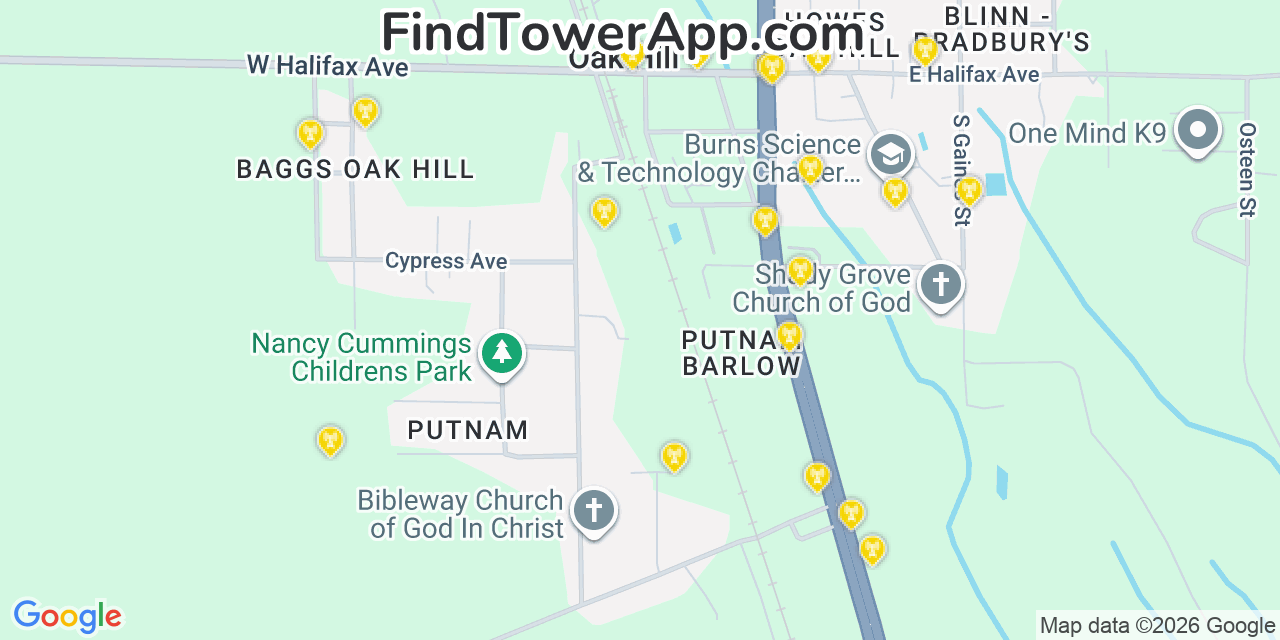 Map showing the 20 primary cell tower locations detected in Oak Hill, Florida from AT&T, Verizon, and T-Mobile networks