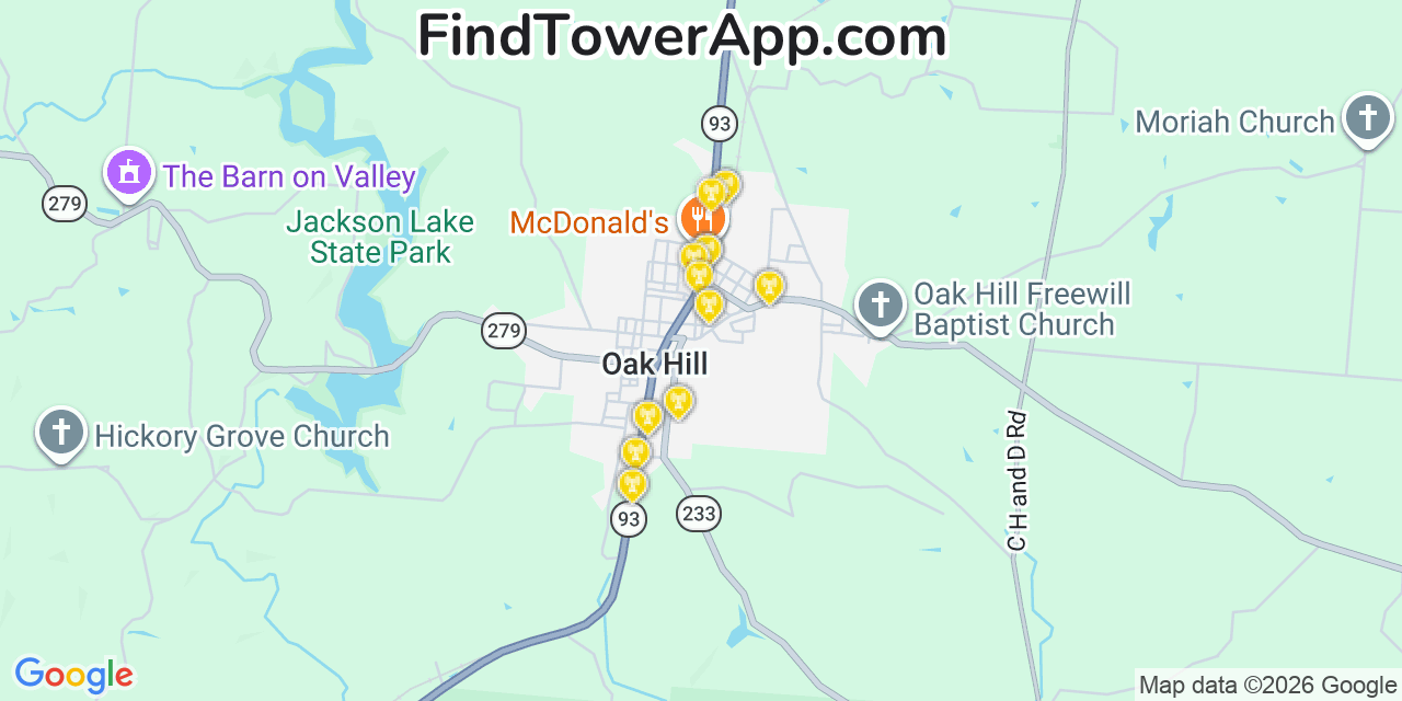 Map showing the 20 primary cell tower locations detected in Oak Hill, Ohio from AT&T, Verizon, and T-Mobile networks