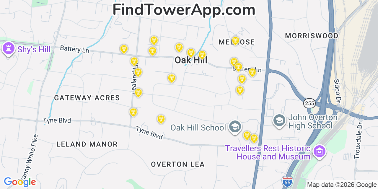 Map showing the 20 primary cell tower locations detected in Oak Hill, Tennessee from AT&T, Verizon, and T-Mobile networks