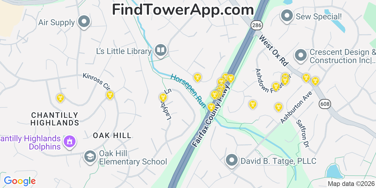Map showing the 20 primary cell tower locations detected in Oak Hill, Virginia from AT&T, Verizon, and T-Mobile networks