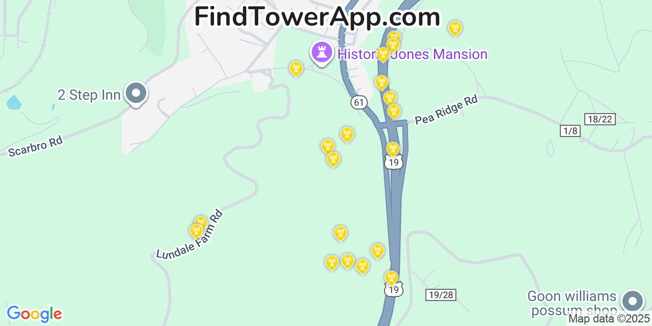 Map showing the 20 primary cell tower locations detected in Oak Hill, West Virginia from AT&T, Verizon, and T-Mobile networks