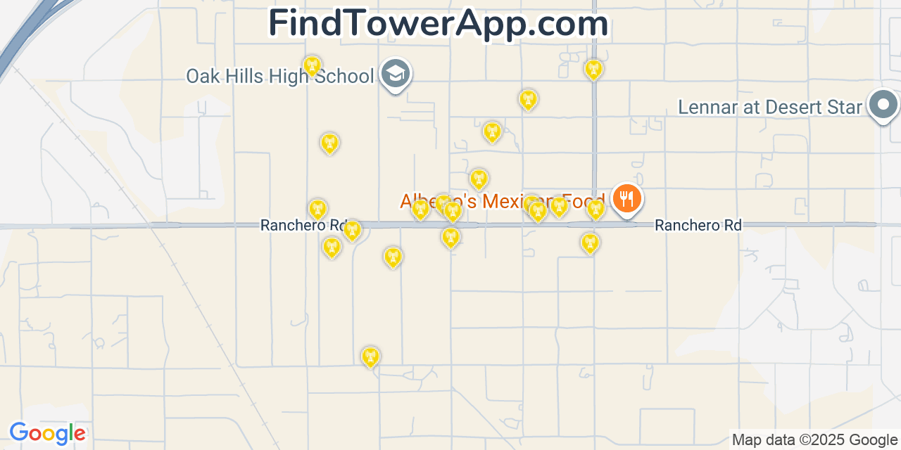 Map showing the 20 primary cell tower locations detected in Oak Hills, California from AT&T, Verizon, and T-Mobile networks