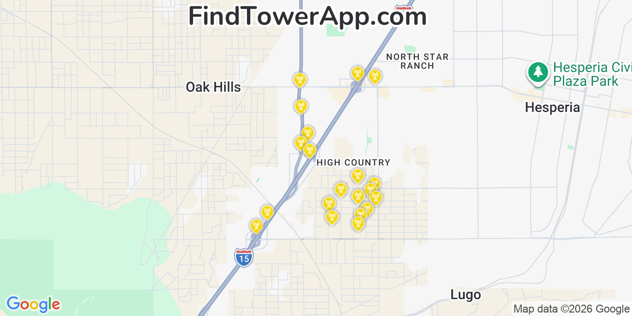 Map showing the 20 primary cell tower locations detected in Oak Hills, California from AT&T, Verizon, and T-Mobile networks