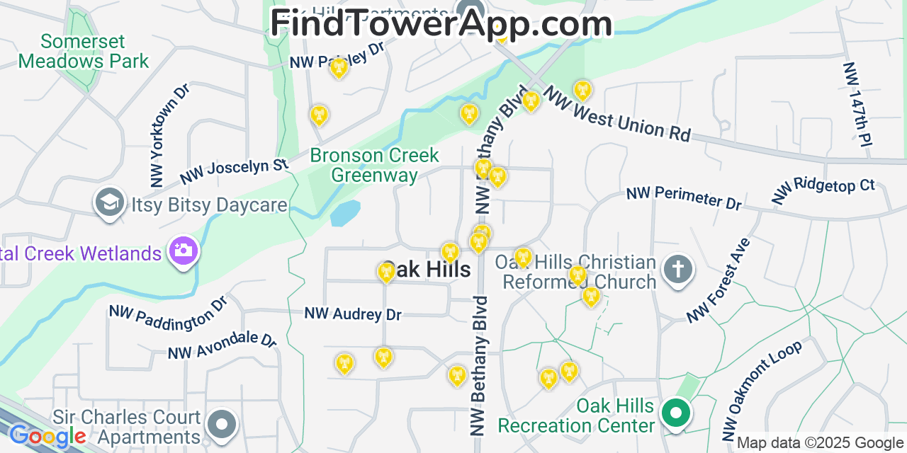 Map showing the 20 primary cell tower locations detected in Oak Hills, Oregon from AT&T, Verizon, and T-Mobile networks