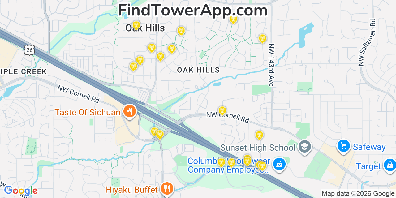 Map showing the 20 primary cell tower locations detected in Oak Hills, Oregon from AT&T, Verizon, and T-Mobile networks