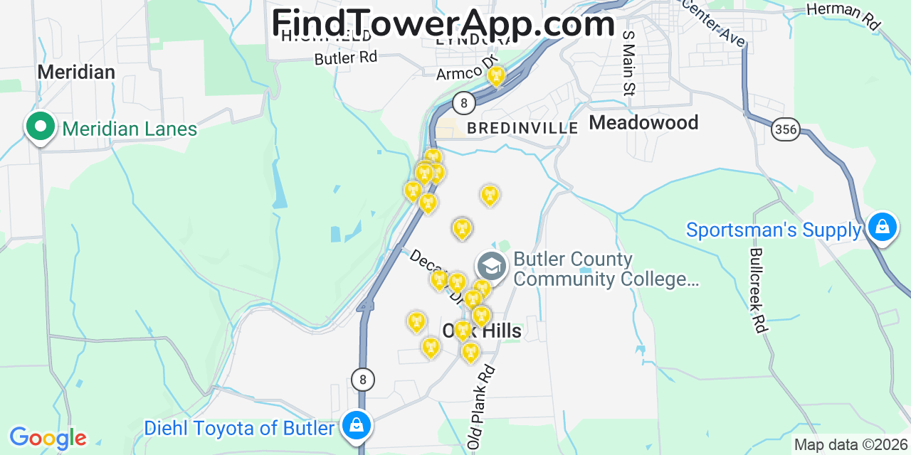 Map showing the 20 primary cell tower locations detected in Oak Hills, Pennsylvania from AT&T, Verizon, and T-Mobile networks