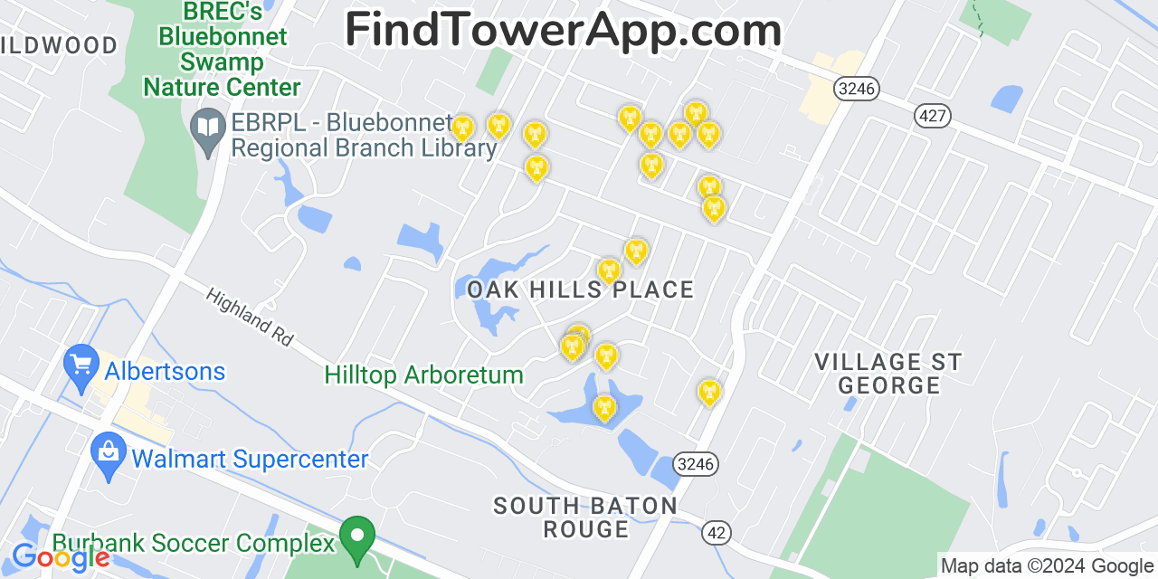 AT&T 4G/5G cell tower coverage map Oak Hills Place, Louisiana