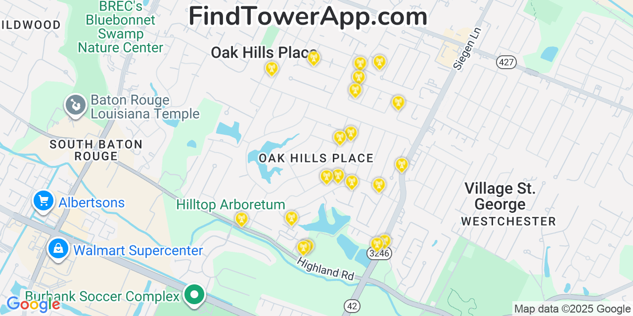 Map showing the 20 primary cell tower locations detected in Oak Hills Place, Louisiana from AT&T, Verizon, and T-Mobile networks